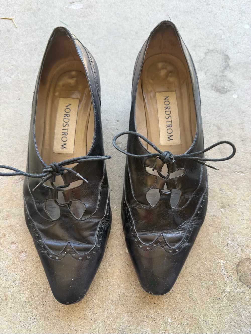 Vtg Nordstrom Women's US 8 Black Leather Lace Up Wingtip Pumps Gatsby Academia